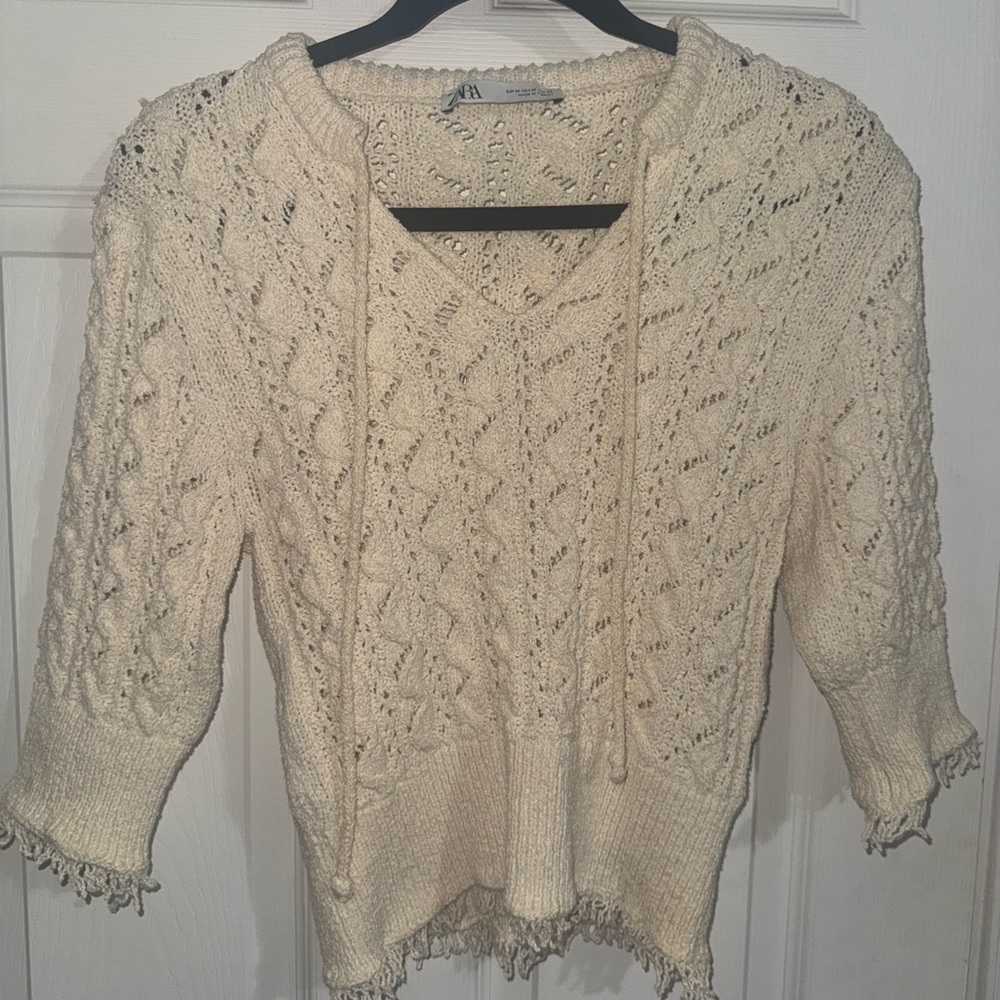 Zara Women Cream Pointelle Cable Knit V-Neck Tie Sweater Fringed Hem Size Medium